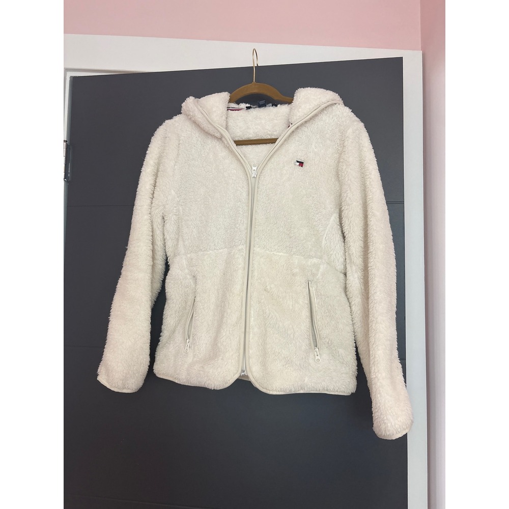 Tommy Hilfiger Cream Sherpa Fleece Full Zip Hooded Jacket S‎ Small Cozy